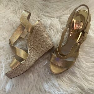 KORS Michael Kors Giovanna Gold Strap Wedge Espadrilles
